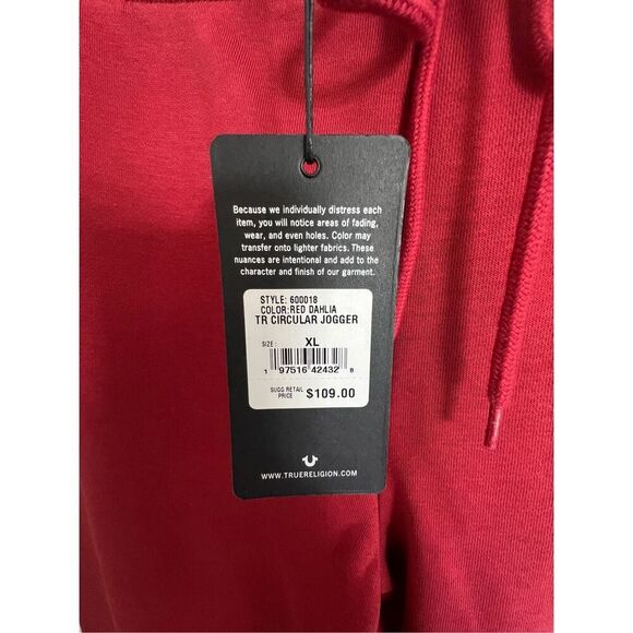 NWT True Religion Red Fleece Joggers With Gold Studded Horseshoe - Picture 4 of 7